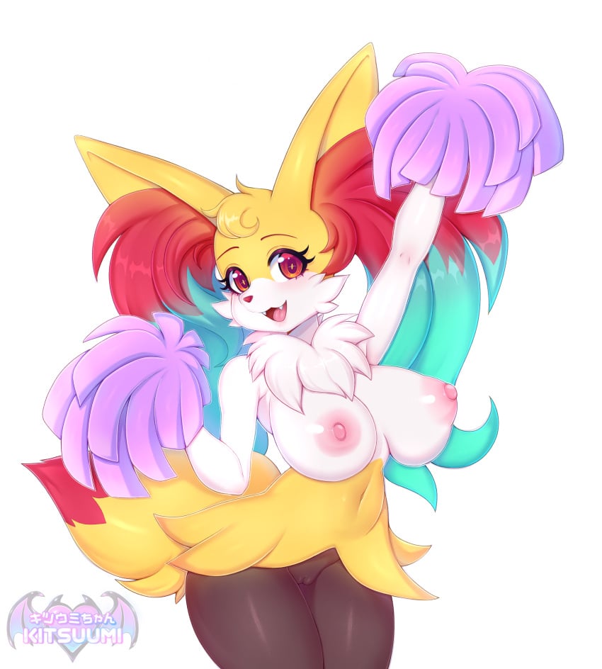 2022 absurd_res anthro areola big_breasts braixen breasts digital_media_(artwork) eyebrows eyelashes fangs female genitals hi_res kitsuumi nintendo nipples open_mouth pokémon_(species) pokemon pokemon_(species) pom_poms pussy simple_background solo video_games white_background