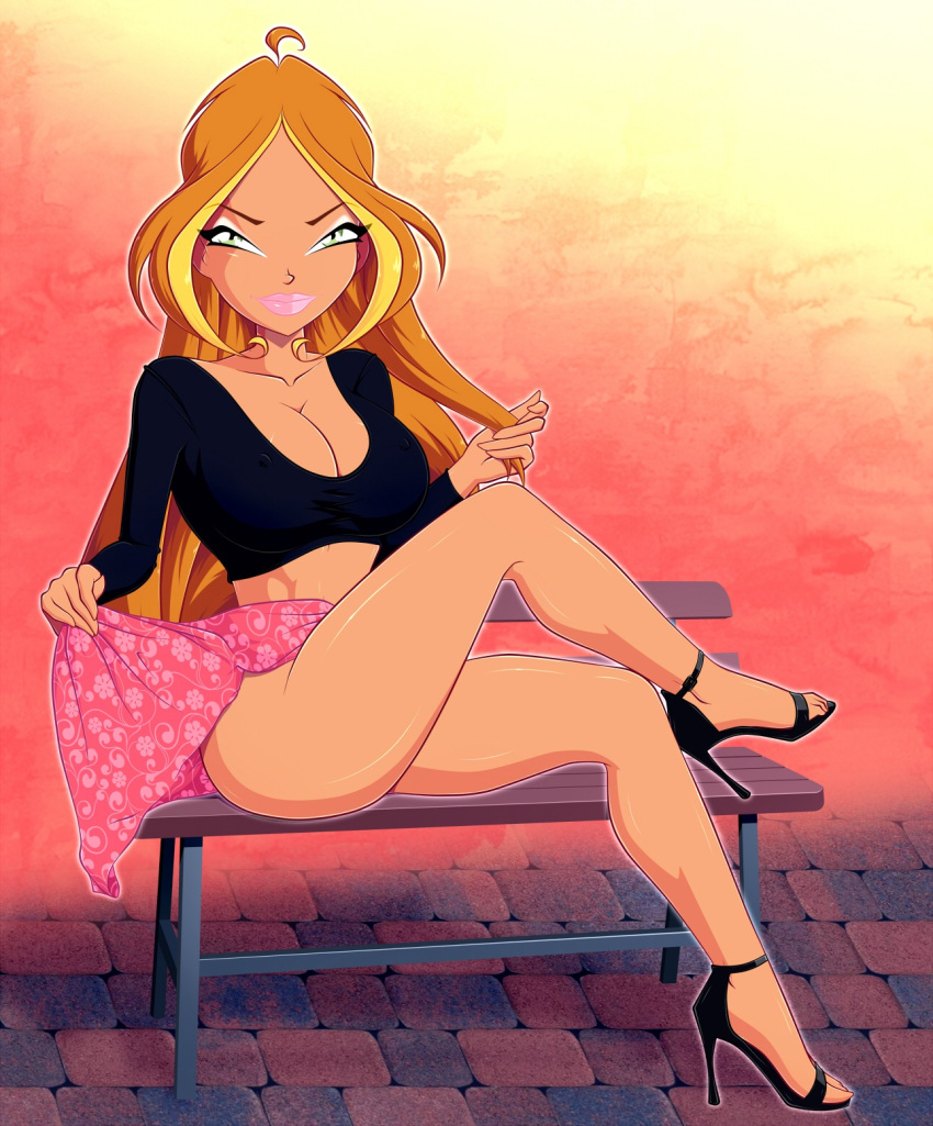 ass big_breasts bimbo black_shirt crossed_legs flora_(winx_club) high_heels holding_hair holding_skirt legs nipple_bulge no_panties park park_bench pink_skirt skirt thighs voluptuous winx_club zfive