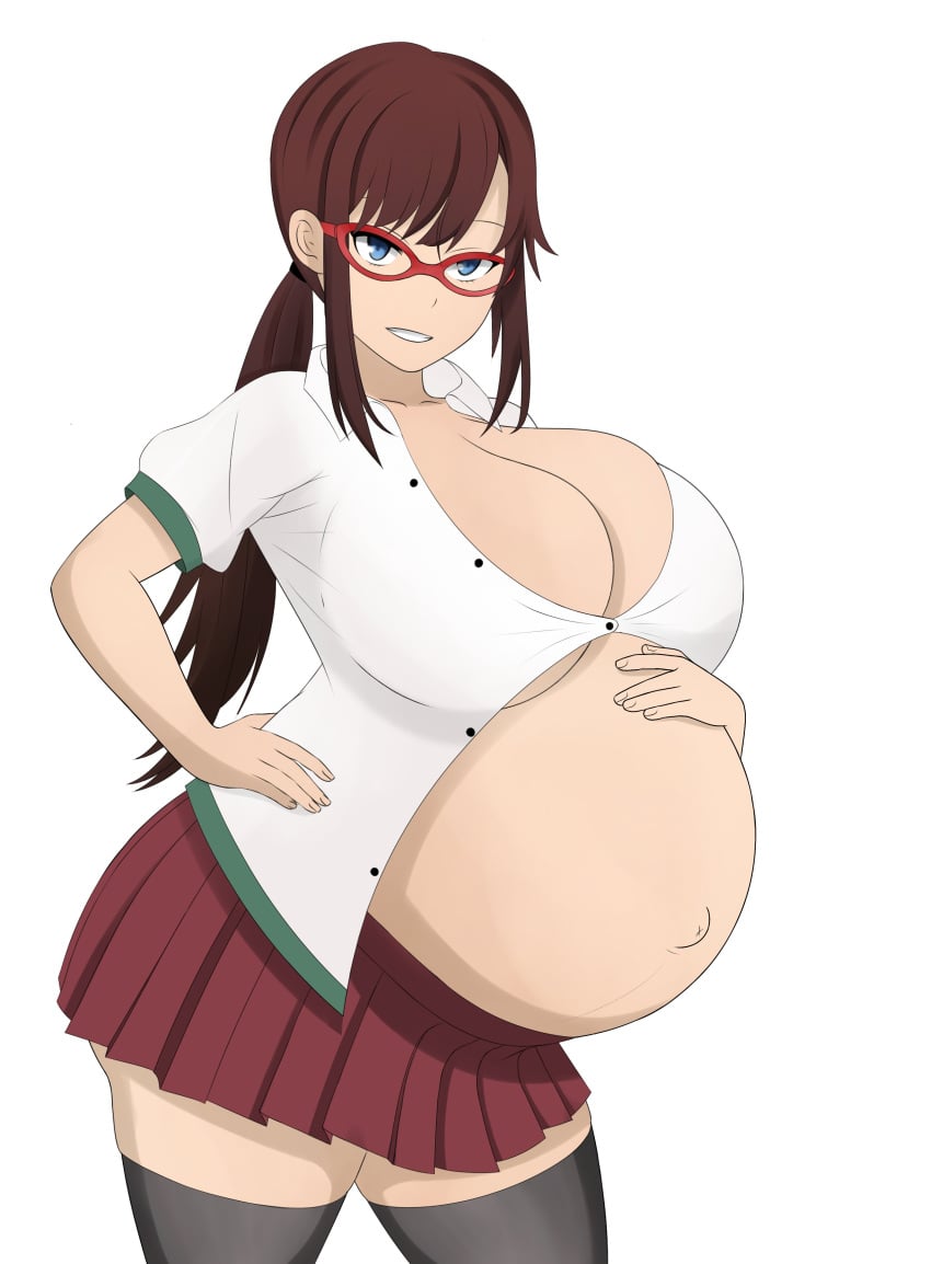 belly big_belly big_breasts breasts brown_hair cleavage female glasses hand_on_belly large_breasts pregnant school_uniform schoolgirl shab-eru