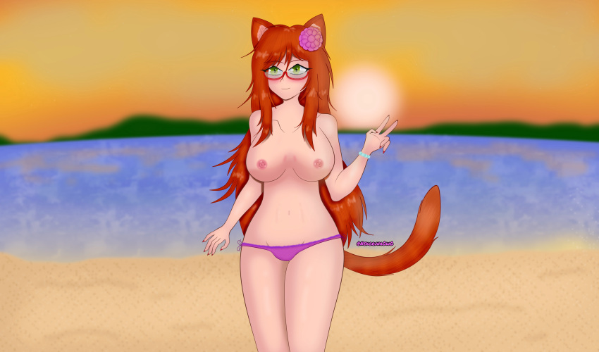 beach big_breasts bikini cat_ears cat_tail catgirl flower_in_hair glasses green_eyes long_hair neko nekoruna nipples no_bra orange_hair sunset