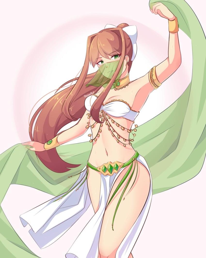 1girls arabian_clothes armpits arms_up bare_legs bare_shoulders belly_dancer belly_dancer_outfit belly_dancing breasts brown_hair cleavage dancer dancer_outfit dancing doki_doki_literature_club earrings female female_only green_eyes harem_outfit highres jewelry loincloth long_hair looking_at_viewer lots_of_jewelry midriff monika_(doki_doki_literature_club) mouth_veil navel pelvic_curtain ponytail raionart smile solo veil very_long_hair