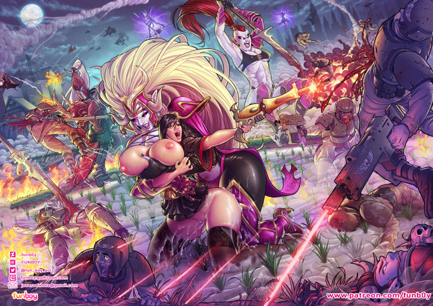 2girls areolae astra_militarum battle big_breasts black_hair blonde_hair blood breast_grab breasts cum cum_inside dark_eldar dark_hair death detailed_background doggy_style drukhari elf_ears female from_behind funboy futa_on_female futanari guardsman_(warhammer_40k) gun huge_breasts human imperial_guard imperium_of_man interspecies large_breasts lasgun male male_death multiple_deaths nipples pointy_ears red_hair sex sword warhammer_(franchise) warhammer_40k