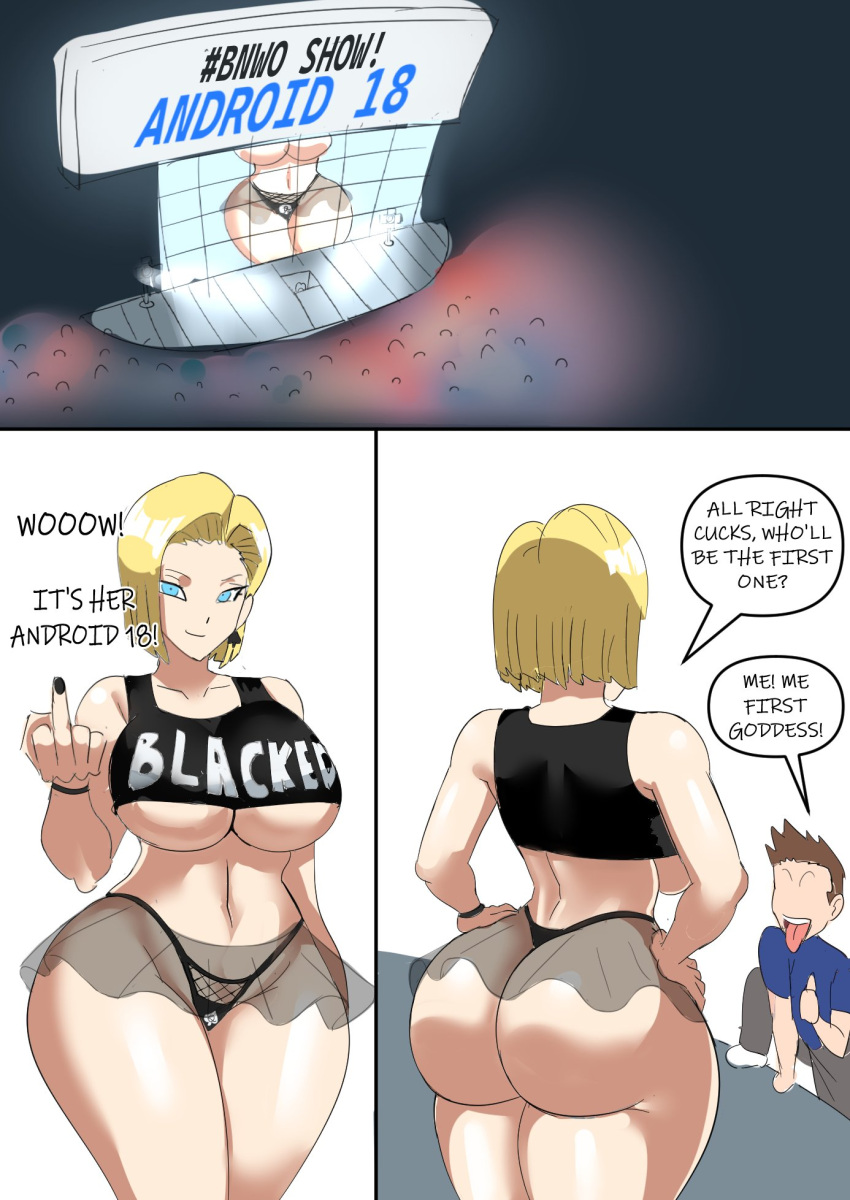 1boy 1girls ass audience big_ass big_breasts blonde_hair blue_eyes breasts comic comic_page dialogue earrings left_to_right light-skinned_female light-skinned_male middle_finger speech_bubble thong underboob