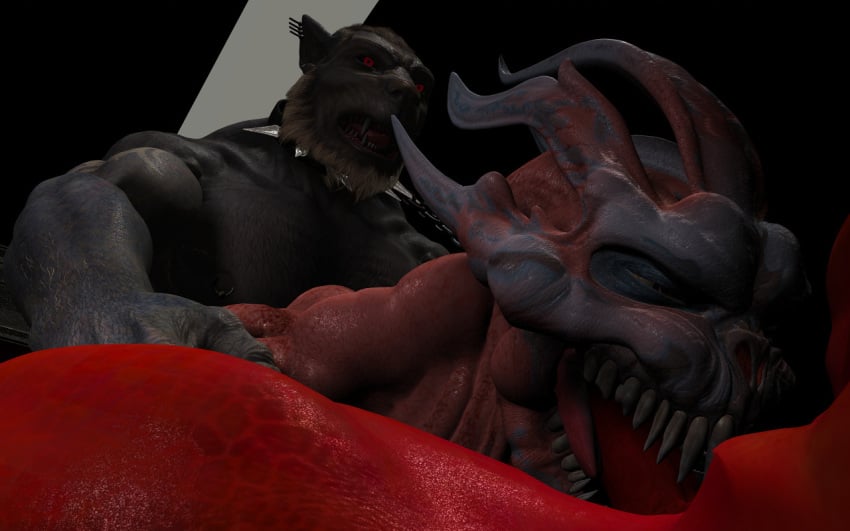 3boys 3d alpha_(demon) anthro_on_anthro demon dick erection fangs fellatio gay horns humanoid humanoid_penis licking_penis looking_at_another looking_down male male/male/male male_only monster nude red_body red_eyes sex submissive_male tagme the_hooded_traveller_(artist) tongue werewolf