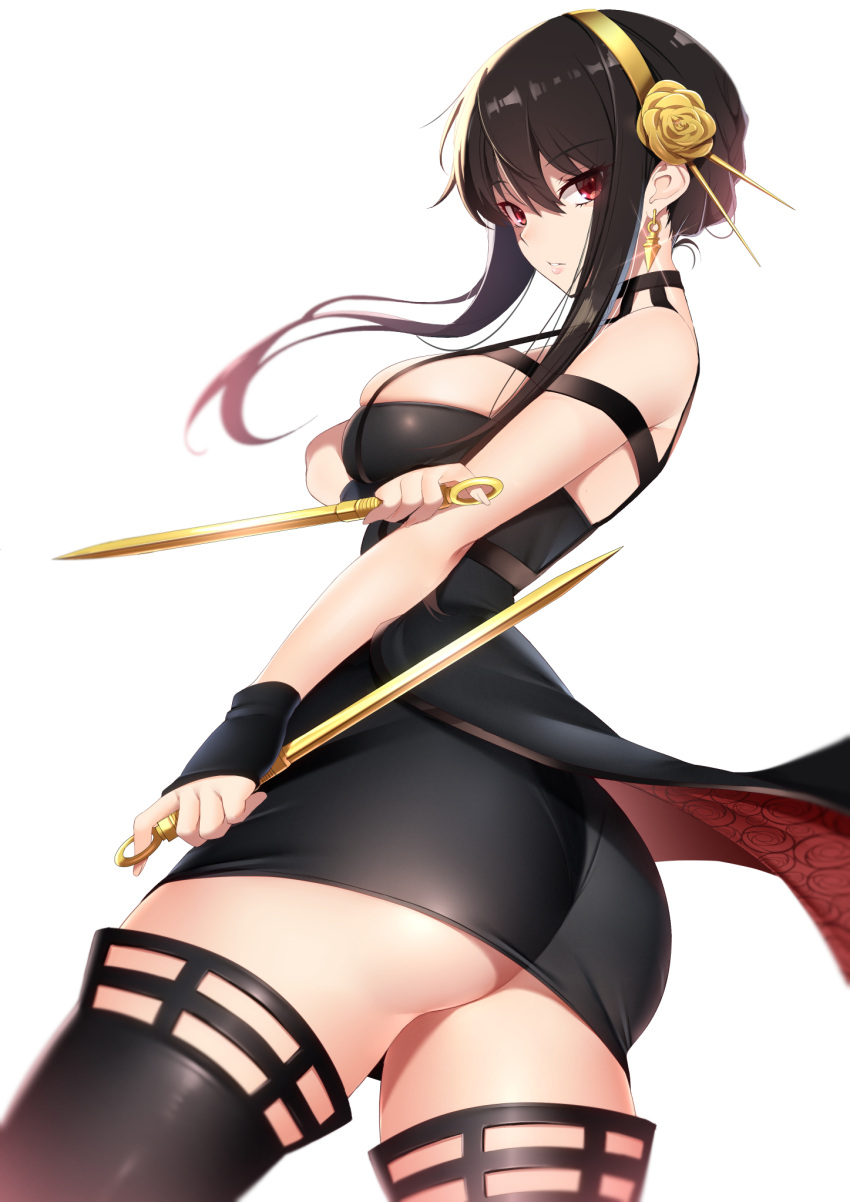 1girls ass assassin big_ass big_butt black_hair breasts butt eye_contact female female_focus female_only kippuru long_hair looking_at_viewer red_eyes solo spy_x_family stiletto_(weapon) thick_thighs thighhighs thighs thorn_princess white_background yor_briar