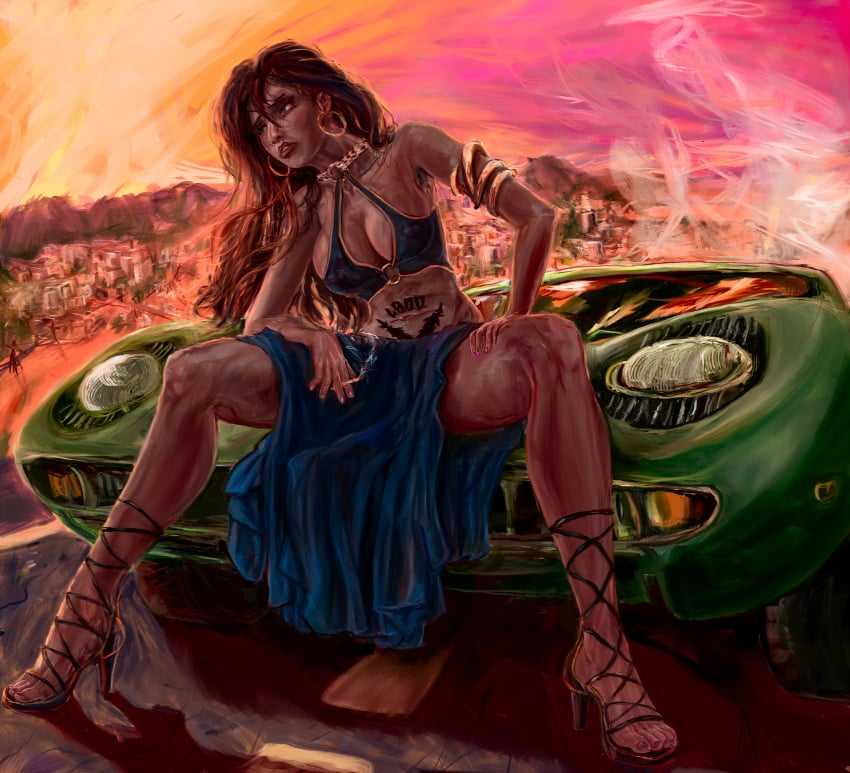 belly_tattoo big_breasts breasts car cigarette cleavage dark-skinned_female dark_skin female high_heels hoop_earrings hoop_earrings_oversized latina michiko_malandro michiko_to_hatchin mightyhonk nipples nipples_visible_through_clothing tattoo