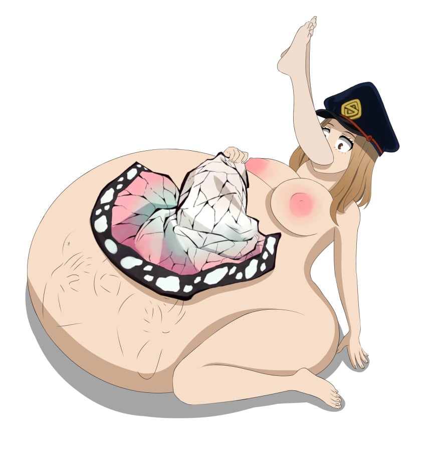 2girls belly big_belly big_breasts breasts camie_utsushimi crossover demon_slayer female haori huge_belly kimetsu_no_yaiba kochou_shinobu my_hero_academia nipples oral_vore same_size_vore shab-eru shiketsu_high_school_cap vore what