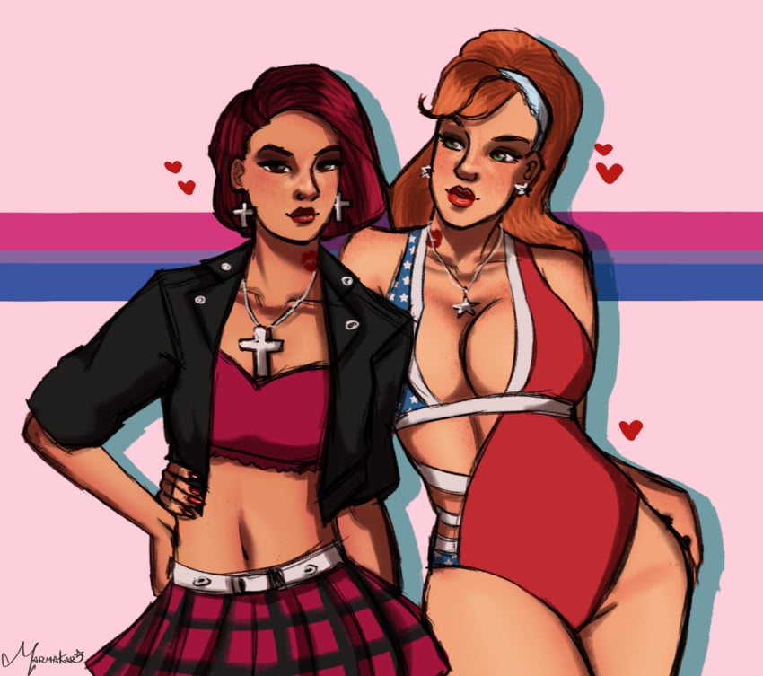 2girls bare_shoulders belt_skirt bisexual_pride_colors candy_suxxx cleavage collarbone earrings female/female female_only femsub grand_theft_auto grand_theft_auto:_vice_city hand_on_hip happy heart huge_breasts kiss_mark latina leotard long_hair marmakar mercedes_cortez navel necklace necklace_between_breasts orange_hair pink_hair posing red_lipstick short_hair skirt smile yuri