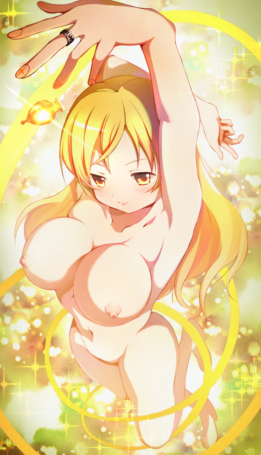 absurdres blonde_hair breasts collarbone dai_toro female female_pubic_hair hair_down henshin highres jewelry large_breasts looking_at_viewer magical_girl mahou_shoujo_madoka_magica navel nipples no_toes nude pubic_hair ring solo soul_gem tomoe_mami uncensored yellow_eyes