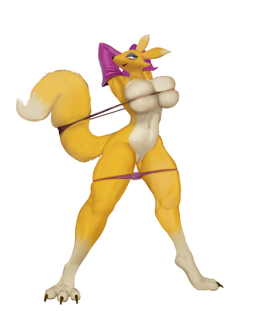 absurd_res anthro bandai_namco big_breasts breasts canid canine clothing digimon digimon_(species) female fur furry furry_only genitals goldmikun hi_res mammal pussy renamon smile solo tail white_body white_fur yellow_body yellow_fur