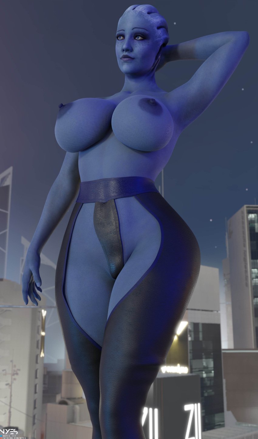 1girls 3d alien alien_girl asari athletic_female blue_skin breasts front_view large_breasts liara_t'soni mass_effect nipples nyes117 partially_clothed portrait posing solo solo_female