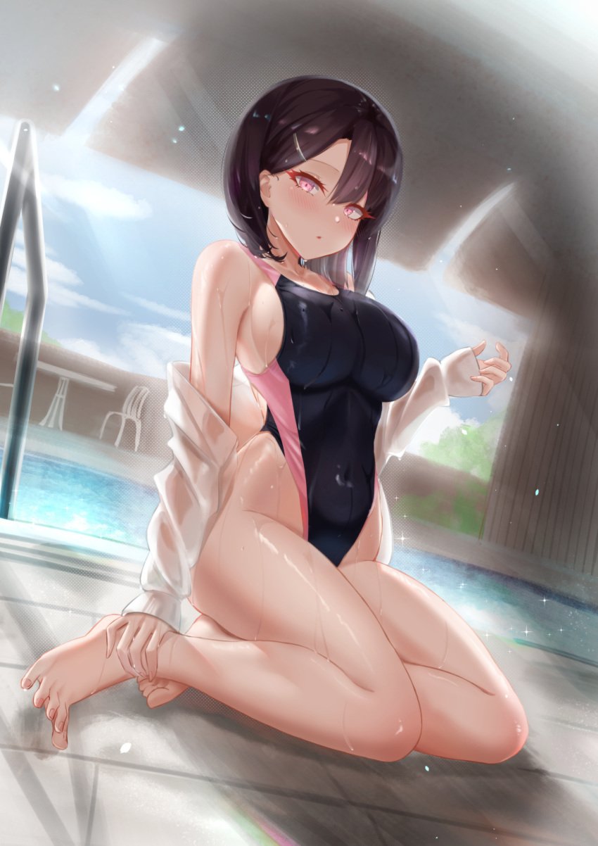 busty can_zhu female female_only one-piece_swimsuit original original_character pool solo solo_female swimsuit wet