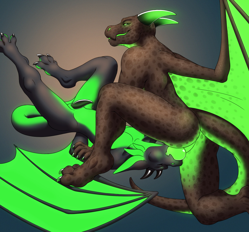 anthro black_body deep_throat dragon duo genitals glowing glowing_body glowing_genitalia green_body hi_res knot male male/male multicolored_body oral penis scalie simple_background tapering_penis the-crowfox two_tone_body zaks