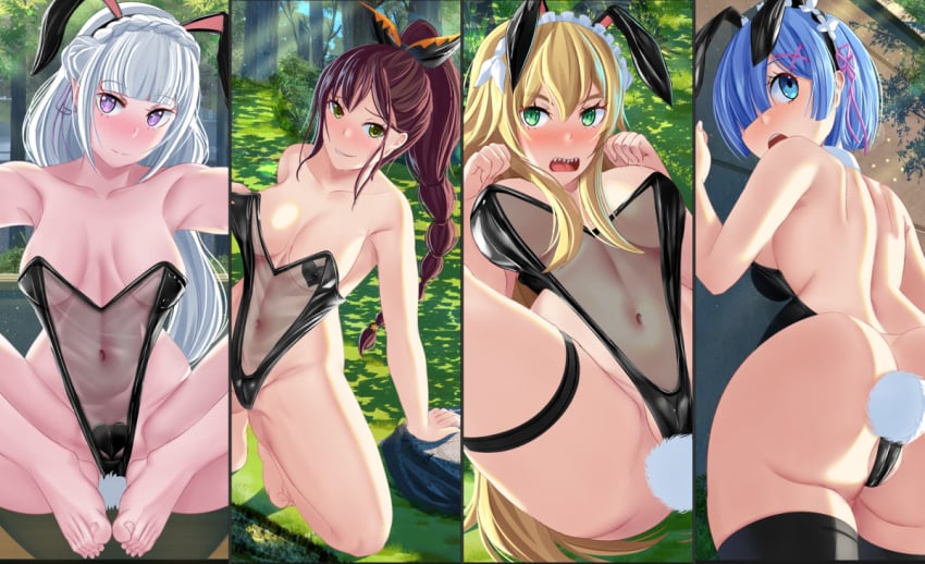 4girls black_heart_pasties black_pasties blonde_female blonde_hair blue_eyes blue_hair blush brown_hair bubble_butt bunny_costume bunny_ears bunnysuit buttplug_tail elf elf_ears elf_female elf_girl emilia_(re:zero) fat_ass feet frederica_baumann half-elf heart_pasties large_ass large_breasts long_hair multiple_girls nipple_bulge oni pasties pointy_ears ponytail purple_eyes re:zero_kara_hajimeru_isekai_seikatsu rem_(re:zero) sharp_teeth shaula_(re:zero) short_hair silver_hair smile smiling smiling_at_viewer thick_ass thick_thighs transparent_bunnysuit unusual_pupils