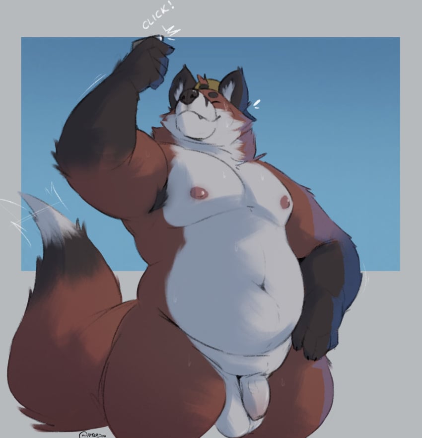 anthro balls belly bodily_fluids canid canine cellphone flaccid foreskin fox fupa genitals hand_on_hip hi_res male mammal minedoo moobs navel nipples nude overweight overweight_male penis phone proud selfie smile solo sweat thick_thighs