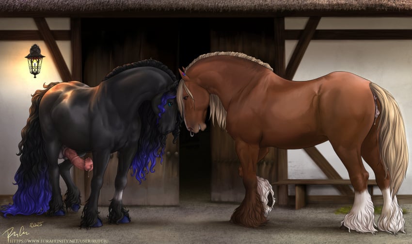 2025 animal_genitalia animal_penis animal_vulva anus black_body black_fur black_mane black_tail blue_eyes blue_mane blue_tail bridge_piercing brown_body brown_eyes brown_fur building dated duo ear_piercing equid equine equine_anus equine_genitalia equine_penis equine_vulva erection eye_contact facial_piercing female female_feral feral fur genitals hi_res horse lamp lantern looking_at_another male male_feral mammal mane medial_ring multiple_piercings nose_piercing nose_ring outside penis piercing quadruped ring_piercing rufciu septum_piercing septum_ring side_view signature smile tail tan_mane tan_tail