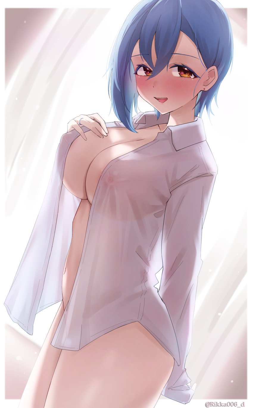 arm_behind_back bare_belly bare_legs bare_thighs belly_button blue_hair blush breasts cleavage collarbone convenient_censoring dress_shirt earrings huge_breasts indoors long_sleeves love_live! love_live!_superstar!! medium_hair naked_shirt nipples_visible_through_clothing no_bra orange_eyes parted_lips rikka006 ring see-through_shirt shirt shirt_only smile standing thick_thighs thighs wakana_shiki white_shirt