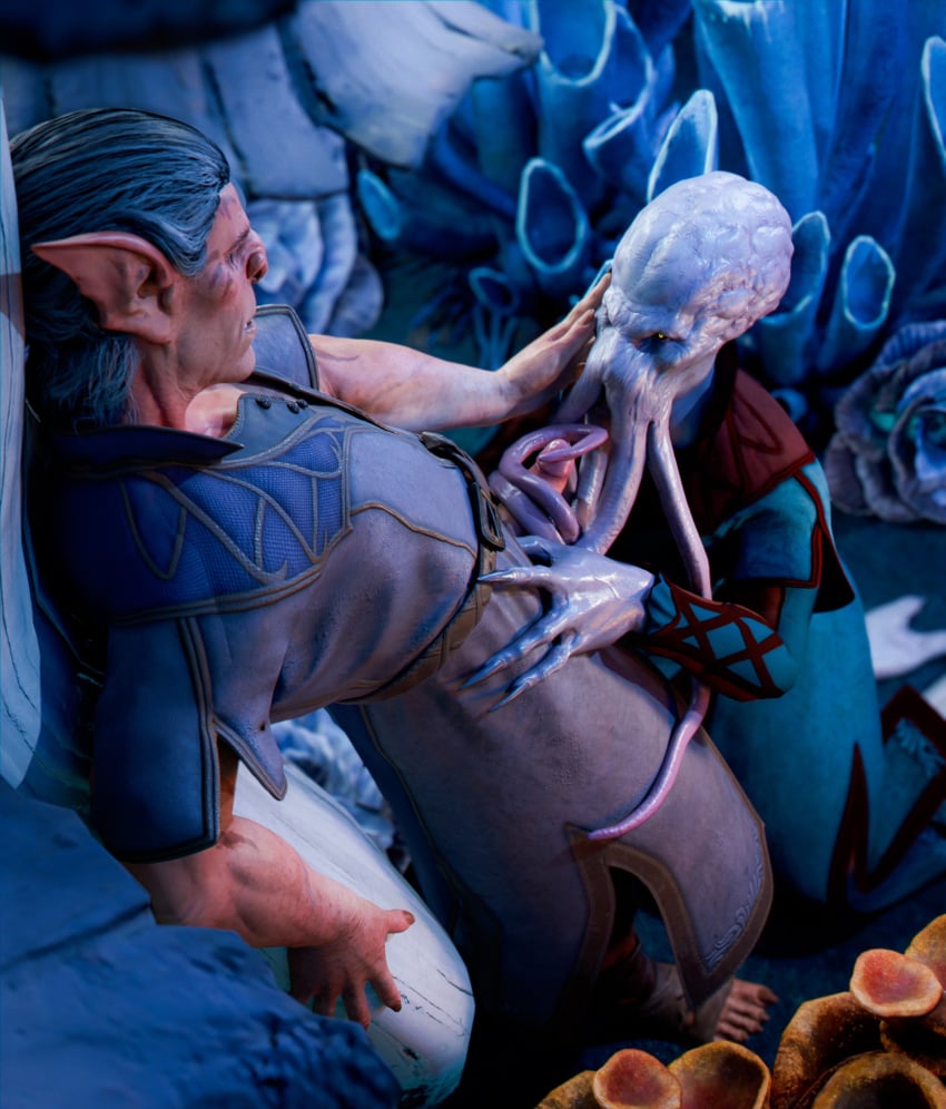 3d_(artwork) ambiguous_gender anthro beepyromancer blurg_(baldur's_gate) claws clothed clothed_sex clothing digital_media_(artwork) erection eye_contact face_tentacles feet foot_wraps fungus genitals hair hand_on_head hand_on_leg hand_on_thigh hi_res hobgoblin humanoid humanoid_genitalia humanoid_on_anthro humanoid_penis humanoid_pointy_ears interspecies kneeling looking_at_another male male/ambiguous male/male mind_flayer mushroom omeluum_(baldur's_gate) penis pointy_ears purple_body purple_skin red_body red_skin robe sex standing tentacle tentacle_on_leg tentacle_on_penis tentacle_sex tentaclejob teratophilia wraps yellow_eyes