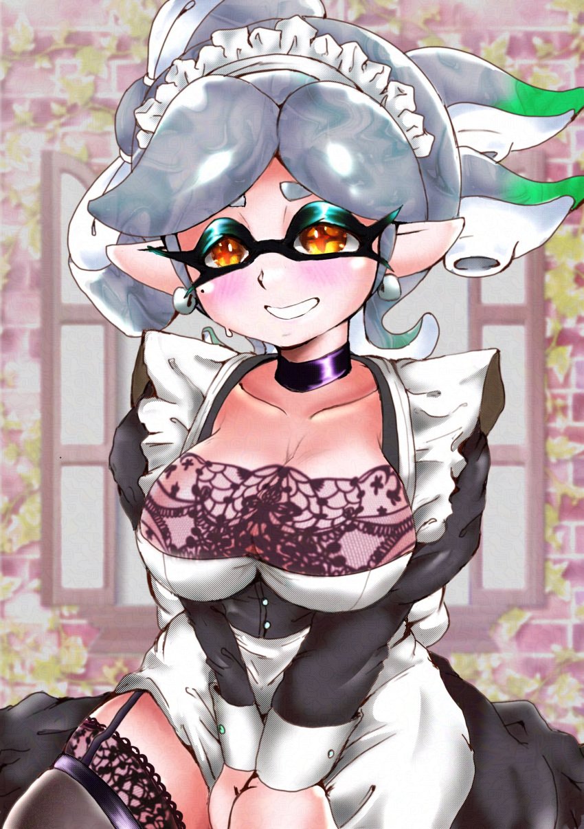 1girls black_thighhighs blush breasts cleavage earrings inkling inkling_girl large_breasts looking_at_viewer maid maid_headdress maid_outfit maid_uniform marie_(splatoon) mazuo917 mole mole_under_eye nintendo pointy_ears solo solo_female solo_focus splatoon tentacle_hair thighhighs yellow_eyes
