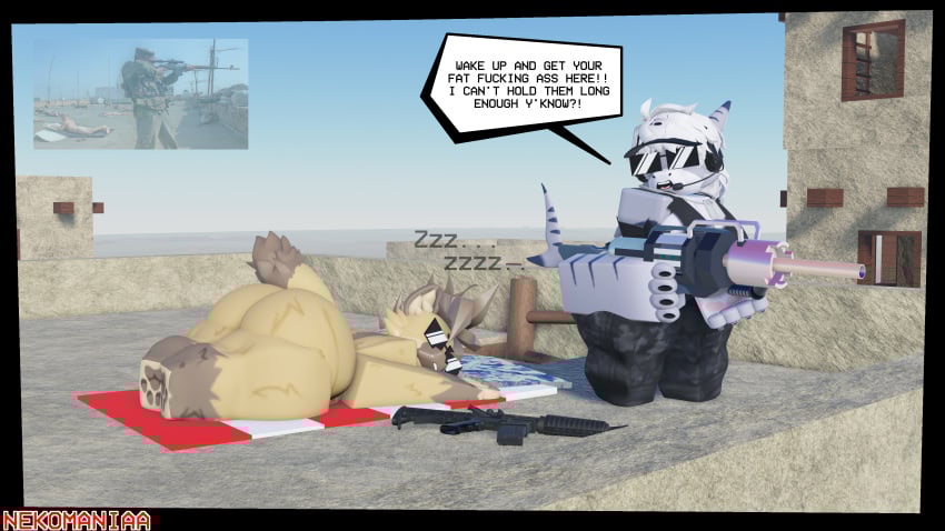3d ass canine english_text femboy furry furry_only hyena male male/female nekomaniaa nude_male_clothed_female roblox roblox_avatar robloxian self_upload sunbathing tactical_gear tiger_shark