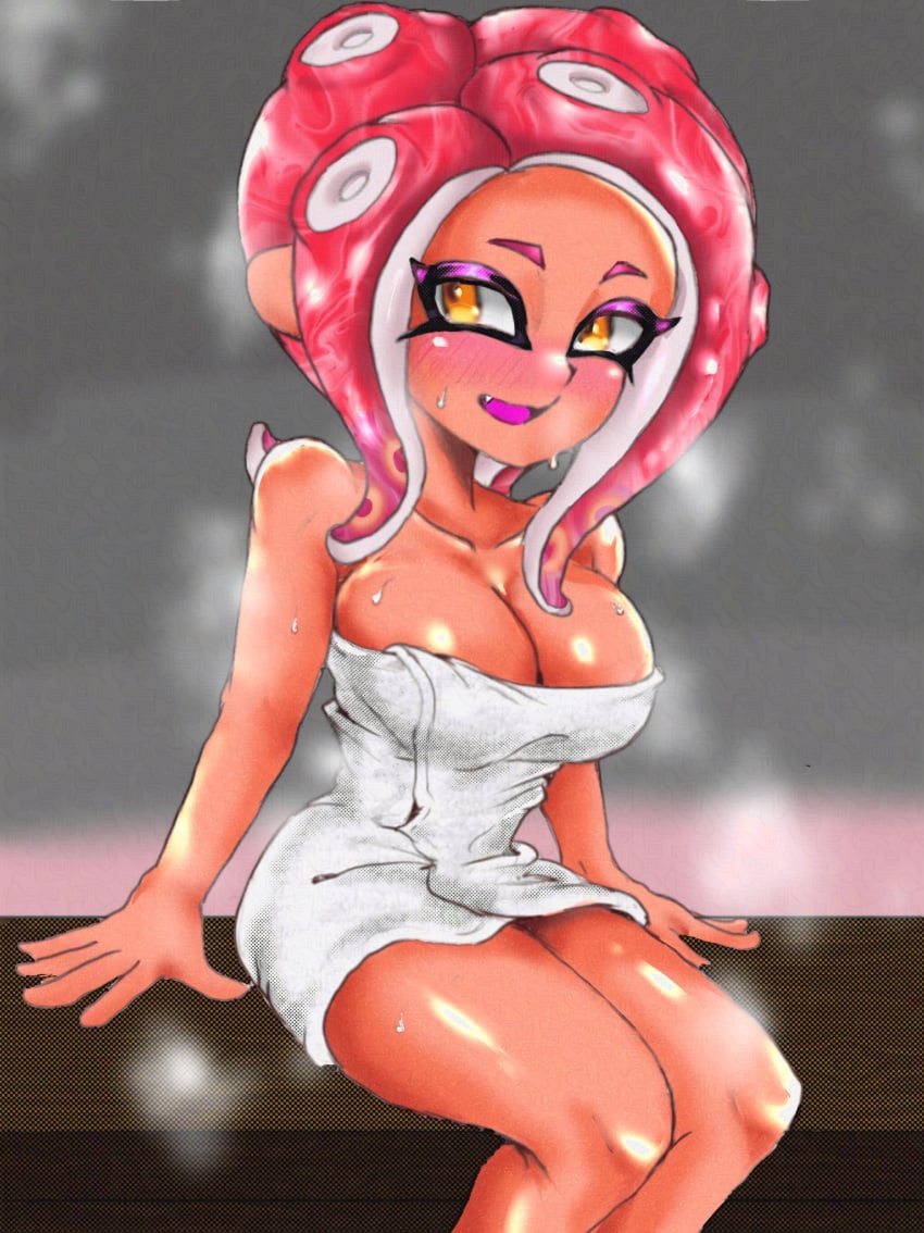 1girls agent_8_(octo_expansion) agent_8_(splatoon) blush breasts cleavage female large_breasts looking_at_viewer mazuo917 nintendo octoling octoling_girl open_mouth short_hair solo solo_female solo_focus splatoon splatoon_2 splatoon_2:_octo_expansion tentacle_hair tongue towel wet white_towel