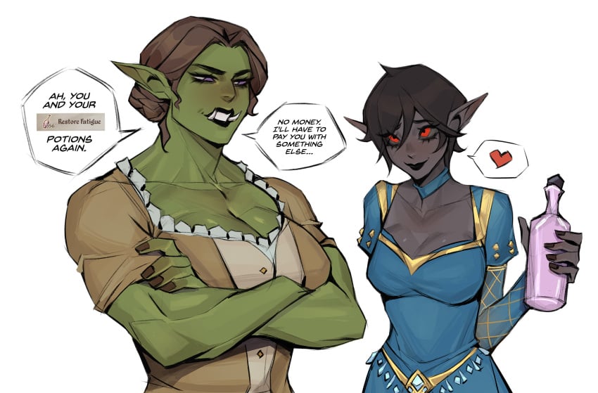 2girls dark_elf dialogue dunmer elf female humor imminent_sex implied_yuri oblivion orc orc_female orsimer paying_with_sex short_hair tagme text the_elder_scrolls the_elder_scrolls_iv:_oblivion very_short_hair ykshelter yuri