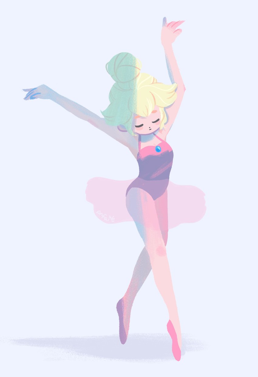 1girl arms_up ballerina ballet ballet_slippers blonde_hair blush brooch cherrifaerie closed_eyes en_pointe female full_body hair_bun legs leotard mario_(series) nintendo pink_leotard princess_peach simple_background tutu