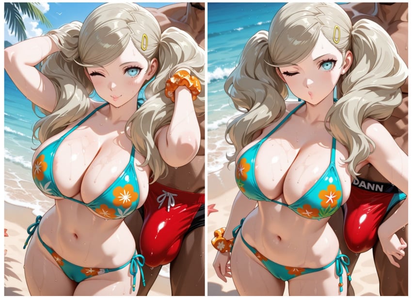 1boy 1boy1girl 1girls ai_generated ann_takamaki big_breasts bikini boobs breasts bulge cleavage collage persona_5 takamaki_anne