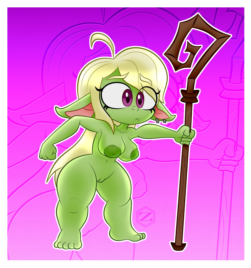 embarrassed_nude_female enf gloriana_(shidyk) goblin goblin_female oc original_character staff wizard zarnacius