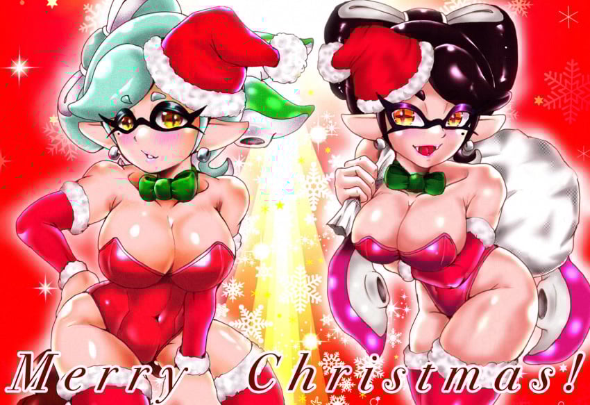 2girls blush bow bowtie breasts callie_(splatoon) christmas christmas_outfit cleavage clothing covered_navel earrings female female_only green_bow green_bowtie inkling inkling_girl large_breasts long_hair looking_at_viewer marie_(splatoon) mazuo917 mole mole_under_eye nintendo open_mouth playboy_bunny pointy_ears santa_costume santa_hat short_hair splatoon squid_sisters squid_sisters_(splatoon) tentacle_hair two_tone_hair