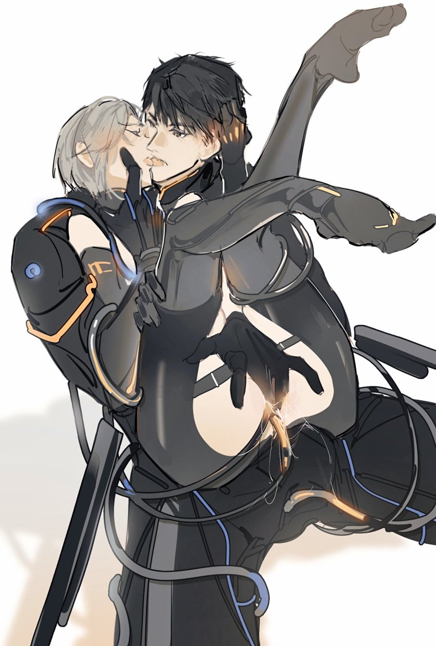 1boy ass black_hair brown_eyes bulge caleb_(love_and_deepspace) couple cyborg female fingering french_kiss grabbing_another's_hair grey_eyes grey_hair hand_on_another's_back height_difference highres kissing legs_up loneroad_unreturned_caleb love_and_deepspace lrrcakie no_panties official_alternate_costume on_lap open_mouth protagonist_(love_and_deepspace) pussy_juice short_hair simple_background straight tongue tongue_out white_background