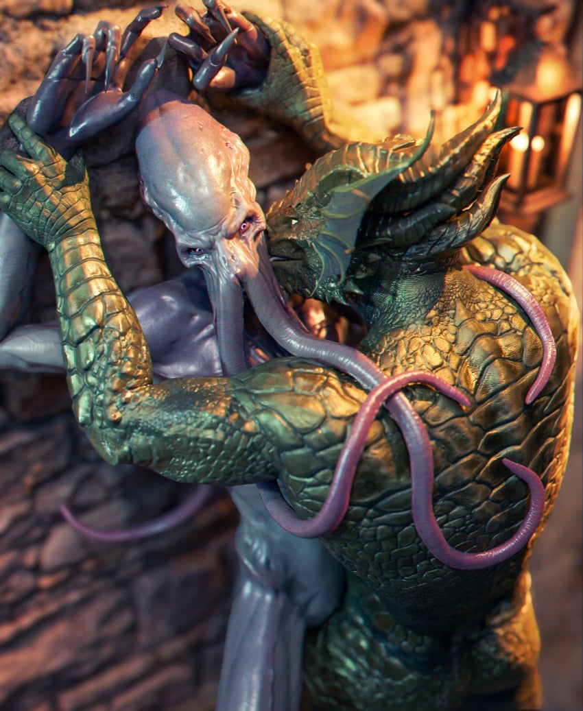 3d_(artwork) animal_genitalia ansur_(baldur's_gate) anthro anthro_on_anthro ass baldur's_gate baldur's_gate_3 beepyromancer bronze_scales cheek_frill cheek_spikes claws digital_media_(artwork) dragonborn_(dnd) dungeons_and_dragons duo face_tentacles facial_spikes foreplay genital_slit genitals green_eyes hands_above_head hasbro hi_res horn interspecies larian_studios licking male male/male mind_flayer muscular muscular_anthro muscular_male nude purple_body purple_eyes purple_skin rubbing scalie slit_juice slit_play spikes spikes_(anatomy) tentacle tentacle_lick tentacle_on_back tentacle_on_shoulder teratophilia the_emperor_(baldur's_gate) tongue tongue_out wizards_of_the_coast wrist_grab