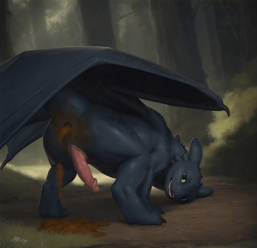 ai ai_generated animal anus ass at back black body creature crouching detailed down dragon eyes feces feral genital genitalia genitals green head how_to_train_your_dragon looking male mythological penis poop pooping scalie scat slit solo tagme toothless up viewer wings
