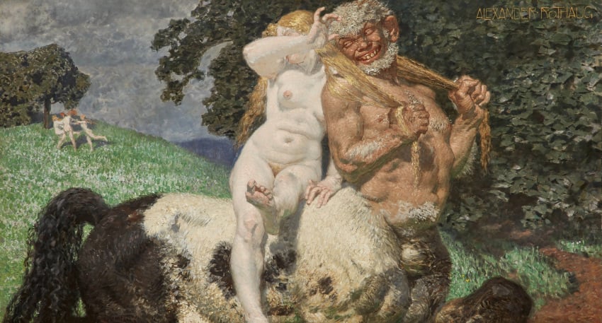 1905 20th_century 5_fingers 5_toes absurd_res alexander_rothaug ancient_art areola arm_hair ass beard biped black_body black_fur black_tail blonde_hair blonde_pubes body_hair breasts centaur chest_hair dancing day duo_focus equid equid_taur european_mythology facial_hair feet female female_human fingers formal_art fur grass greek_mythology grin group hair hair_grab head_turned hi_res hill human humanoid_feet humanoid_taur lips long_hair looking_back male male_taur mammal mammal_taur medium_breasts multicolored_body multicolored_fur mythology navel nipples nude nude_female nude_human nymph oil_painting_(artwork) outside painting_(artwork) palms pink_areola pink_lips pink_nipples plant plantigrade pubes public_domain pulling_hair quadruped riding_on_back shadow short_hair signature sitting smile soles split_form tail taur teeth toes touching_hair traditional_painting_(artwork) tree two_tone_body two_tone_fur white_beard white_body white_facial_hair white_fur white_hair white_skin yellow_teeth