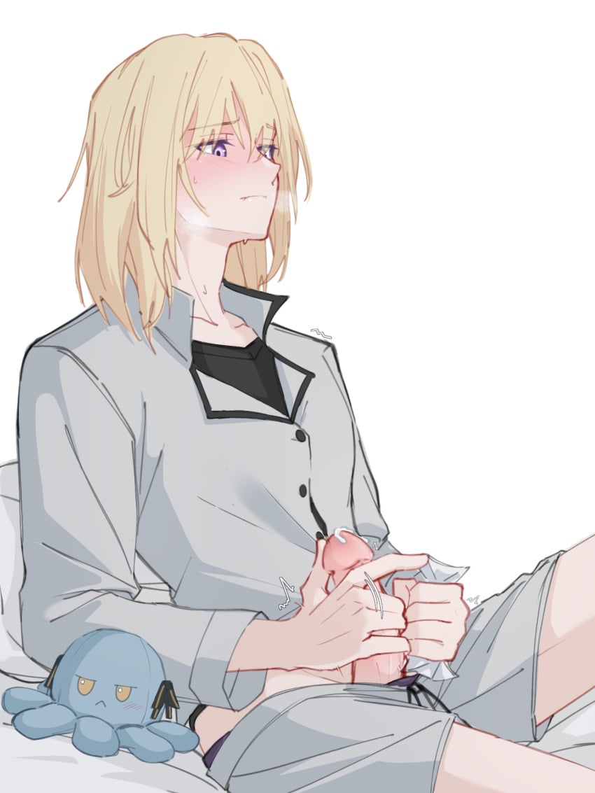 amakuma bang_dream! bang_dream!_it's_mygo!!!!! blonde_hair blush closed_mouth clothes_pull commentary female futanari futanari_masturbation grey_shirt grey_shorts hair_between_eyes highres intersex long_sleeves masturbation medium_hair misumi_uika penis precum purple_eyes shirt shorts shorts_pull simple_background solo sweat togawa_sakiko white_background