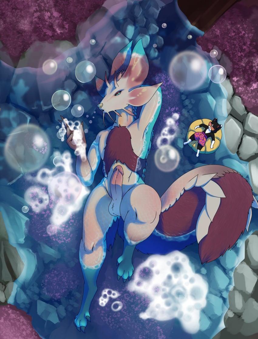 absurd_res big_penis bubble capcom felid felyne genitals hand_behind_head hi_res high-angle_view leviathan_(mh) looking_at_viewer lying lynian male male_only mammal mizutsune monster monster_hunter on_back palico penis thick_thighs vivid-day_(artist)water