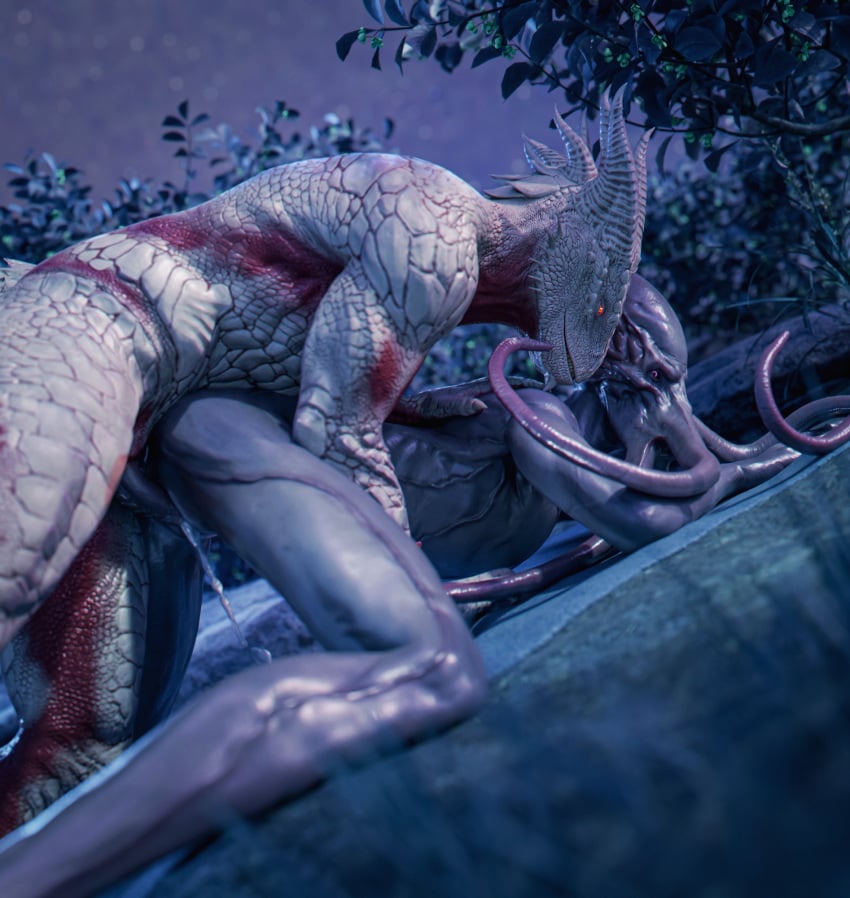 3d_(artwork) animal_genitalia anthro anthro_on_anthro anthro_penetrated anthro_penetrating anthro_penetrating_anthro ass_up baldur's_gate baldur's_gate_3 beepyromancer bodily_fluids cheek_spikes chin_horn claws cum cum_from_slit cum_in_slit cum_inside digital_media_(artwork) doggy_style dragonborn_(dnd) dungeons_and_dragons duo erection face_tentacles facial_horn facial_spikes from_behind_position genital_fluids genital_slit genitals hand_on_back hasbro hi_res horn interspecies larian_studios leaking_cum male male/male male_penetrated male_penetrating male_penetrating_male mind_flayer muscular muscular_anthro muscular_male night nude outside penetration penis plant purple_body purple_eyes purple_penis purple_skin red_body red_eyes red_scales scales scalie sex shrub sky slit_penetration slit_play spikes spikes_(anatomy) star starry_sky teeth tentacle teratophilia the_dark_urge_(baldur's_gate) the_emperor_(baldur's_gate) white_body white_scales wizards_of_the_coast