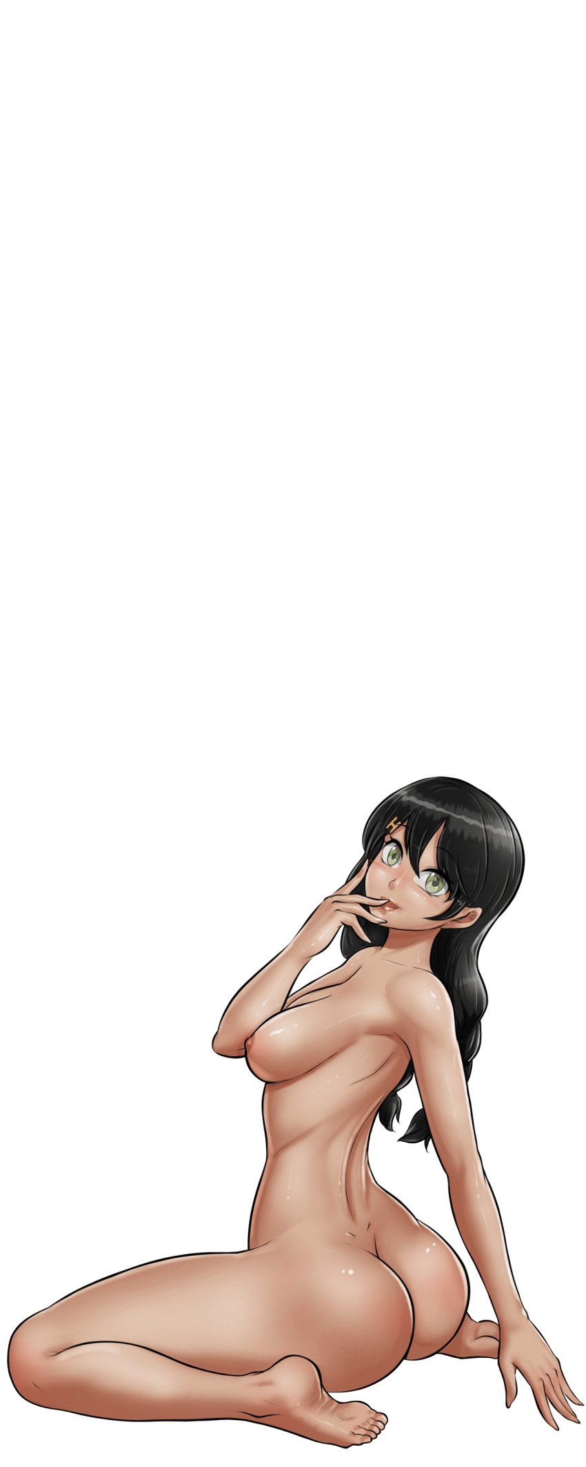 ass back barefoot black_hair breasts cg completely_nude feet female from_behind full_body glasses green_background green_eyes hentai_heroes kinkoid large_breasts long_hair looking_at_viewer looking_back medium_breasts momo_(hentai_heroes) nude official_art parody pointy_ears sideboob simple_background sitting smile soles solo tadokoro_megumi toes tongue tongue_out wariza