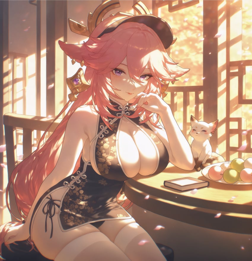 absurd_res ai_generated alternate_costume animal animal_ears architecture arm_rest arm_support bare_arms bare_shoulders black_dress black_panties blush book branch breast_rest breasts breasts_on_table chair cherry_blossoms china_dress chinese_clothes cleavage cleavage_cutout closed_mouth clothing_cutout covered_navel cowboy_shot dango day dress earrings east_asian_architecture elbow_rest falling_petals feline female fingernails floppy_ears floral_print flower_knot food fox fox_ears fox_girl genshin_impact gold_earrings gold_trim hair_between_eyes hair_ornament hand_on_own_cheek hand_on_own_face hand_up head_rest headpiece indoors jewelry large_breasts lattice leaning_forward lips long_hair looking_at_viewer makeup microdress ministro nail_polish no_bra on_chair panties panty_peek panty_straps pantyshot pelvic_curtain petals pink_hair pink_nails plate print_dress purple_eyes sanshoku_dango short_dress side-tie_panties side-tie_peek side_slit sideboob sidelocks sitting skindentation sleeveless sleeveless_dress smile solo string_panties sunlight table tassel thighhighs thighs tomoe_(symbol) tree underwear very_long_hair vision_(genshin_impact) visor_cap wagashi white_thighhighs window wooden_table yae_miko