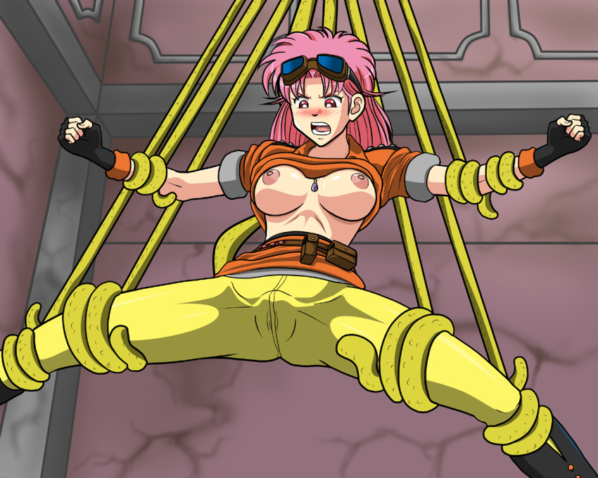 big_breasts blush circle_plum clothing dragon_quest dragon_quest_dai_no_daibouken exposed_breasts fingerless_gloves gloves goggles goggles_on_head long_hair maam pants pink_eyes pink_hair raised_skirt shirt skirt skirt_lift small_breasts tentacle tentacles