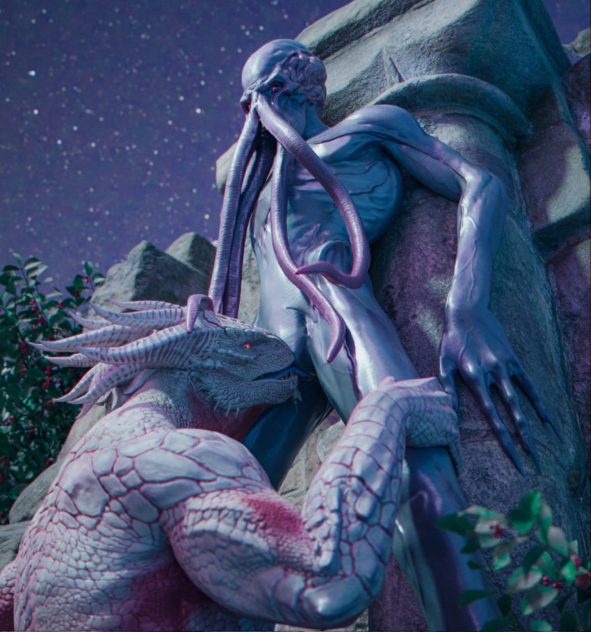 3d_(artwork) animal_genitalia anthro anthro_on_anthro baldur's_gate baldur's_gate_3 beepyromancer blue_tongue bodily_fluids cheek_spikes digital_media_(artwork) dragonborn_(dnd) drooling dungeons_and_dragons duo face_tentacles facial_spikes genital_slit genitals hasbro hi_res horn interspecies kneeling larian_studios leg_grab male male/male mind_flayer nude open_mouth oral outside plant purple_body purple_eyes purple_skin red_body red_eyes red_scales saliva scales scalie shrub sky slit_licking slit_play spikes spikes_(anatomy) standing star starry_sky teeth tentacle tentacle_on_head teratophilia the_dark_urge_(baldur's_gate) the_emperor_(baldur's_gate) tongue tongue_out white_body white_scales wizards_of_the_coast