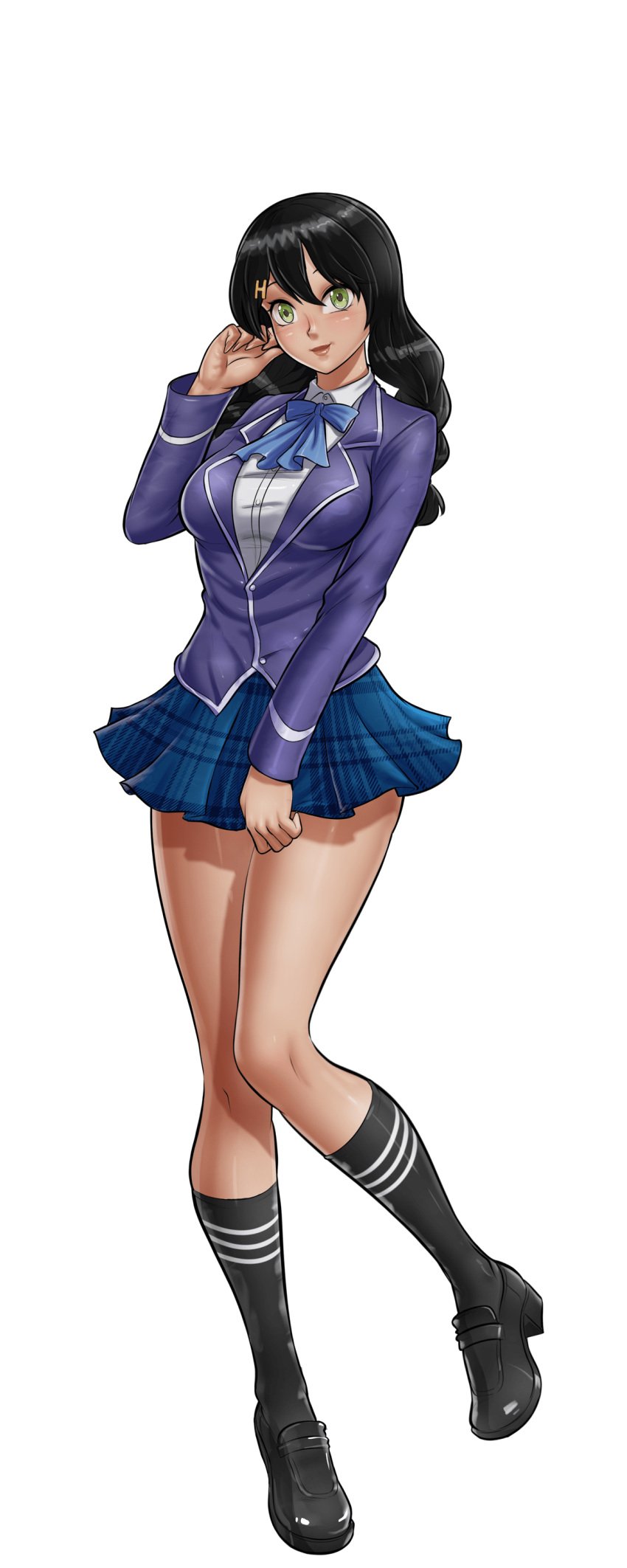 black_footwear black_hair black_socks blazer blue_skirt bow bowtie breasts cg female full_body glasses green_background green_eyes hentai_heroes jacket kinkoid kneehighs large_breasts loafers long_hair long_sleeves looking_at_viewer miniskirt momo_(hentai_heroes) official_art parody parted_lips plaid plaid_skirt pleated_skirt school_uniform shirt shoes simple_background skirt smile socks solo standing tadokoro_megumi thighs transparent_background white_shirt