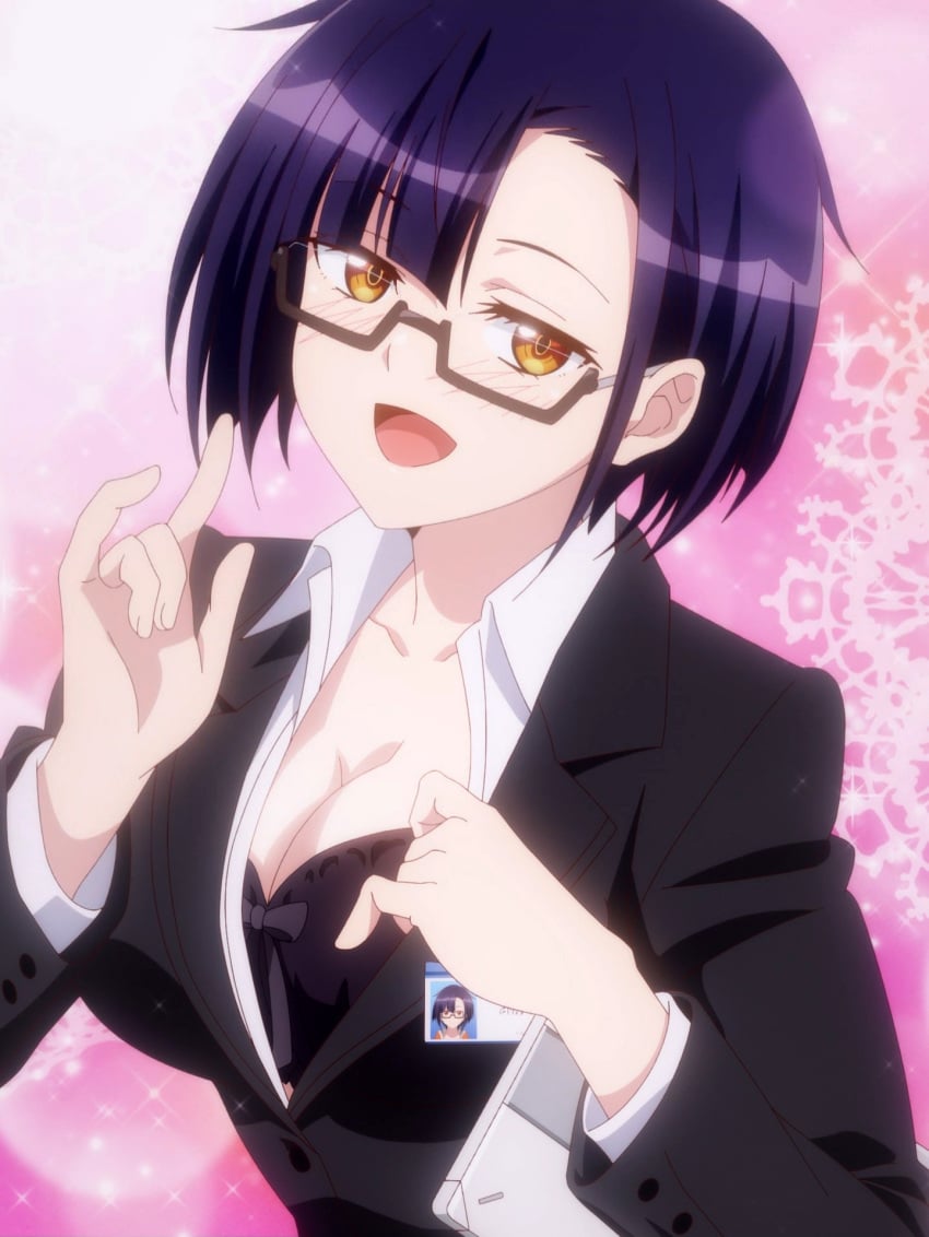 1girls big_breasts black_bra blush bra breasts busty cleavage clothes_pull female female_only formal_clothes glasses half-closed_eyes highres large_breasts naughty_face nias_carlin office_lady orange_eyes ore_wa_seikan_kokka_no_akutoku_ryoushu pose posing pulled_by_self purple_hair seductive seductive_look seductive_smile sensual sexy sexy_pose short_hair smile solo stitched teasing underwear voluptuous w