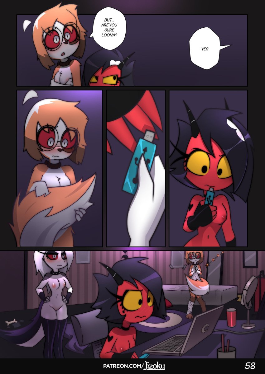 2025 absurd_res anthro blush canid canid_demon canine comic demon english_text female group hellhound helluva_boss hi_res humanoid imp jizoku loona_(helluva_boss) mammal millie_(helluva_boss) mythological_canine mythological_creature mythology sol_(jizoku) text url