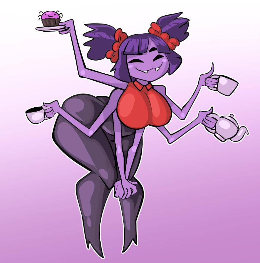 5_eyes 6_hands big_breasts clothing dagon789 fangs female gradient_background monster_girl muffet muffin ribbons smile smiley_face spider_girl stockings teapot thick_thighs undertale undertale_(series)