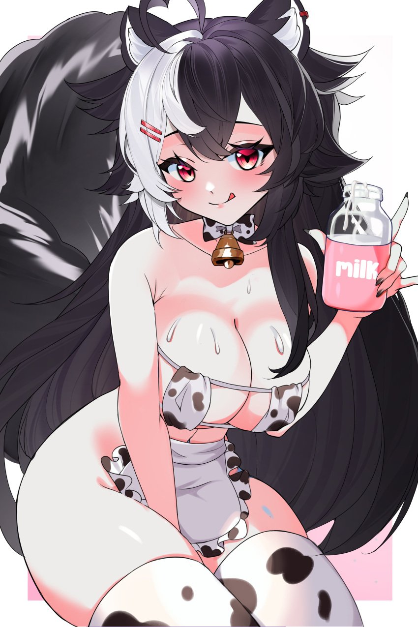 ahoge animal_ear_fluff animal_ears animal_print apron bangs bare_shoulders bell bell_collar between_legs bikini black_hair blush bottle breasts cleavage closed_mouth collar cow_bell cow_print cup disposable_cup drinking_straw eyebrows_visible_through_hair female hair_ornament hairclip hand_between_legs heart-shaped_pupils holding large_breasts licking_lips long_hair looking_at_viewer milk milk_bottle milk_carton mole mole_on_breast momotexx_(vtuber) multicolored_hair red_eyes seiza sitting smile solo streaked_hair swimsuit tail thighhighs tongue tongue_out two-tone_hair very_long_hair virtual_youtuber vyugen white_legwear