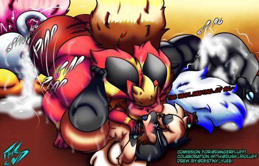 after_sex anal balls big_balls bodily_fluids canid canine canis closed_eyes cum cum_in_ass cum_inside destiny-yuuei dialogue eeveelution female flareon generation_1_pokemon generation_5_pokemon generation_7_pokemon genital_fluids genitals hi_res huge_balls hyper hyper_balls hyper_genitalia jay_(dusk_rioluff) kissing male male/female male/male mammal mienshao neon_dark_(destiny-yuuei) nintendo on_ground pokemon pokemon_(species) rockruff rosy_(destiny's_art) text wolf