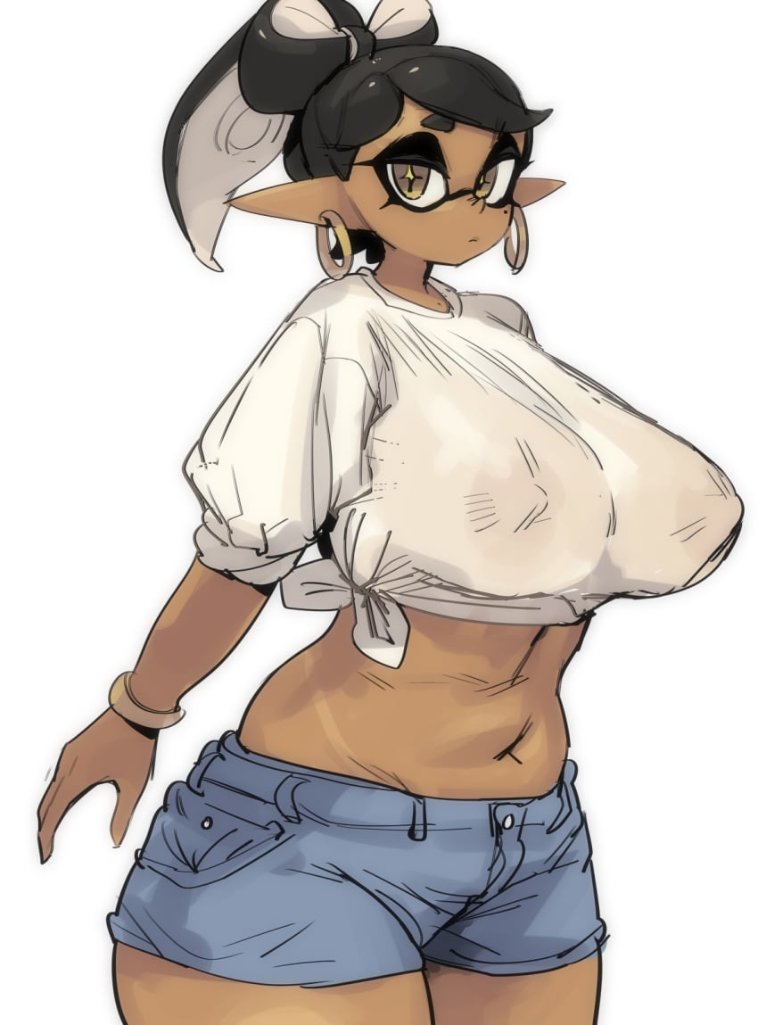 1girls black_hair bracelet breasts callie_(splatoon) denim denim_shorts earrings female hoop_earrings inkling inkling_girl large_breasts looking_at_viewer mole mole_under_eye navel nintendo no_bra no_bra_under_clothes pointy_ears ponytail see-through shirt shirt_tied_around_waist shirt_tied_up shorts simple_background solo splatoon tanline tentacle_hair thick_thighs thighs white_background white_shirt yuta_agc
