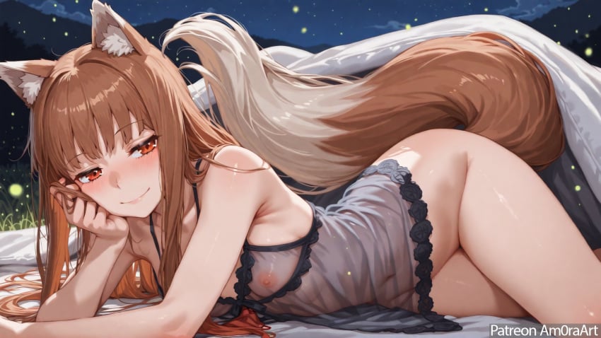 ai_generated amoraart blush detailed_skin eye_contact female fireflies fox_ears holo lingerie long_hair lying_on_side night outdoor realistic_fluids see_through see_through_lingerie shiny_skin smile soft_lighting spice_and_wolf stars tail transparent_clothing ultra_detailed visible_nipples wet_skin