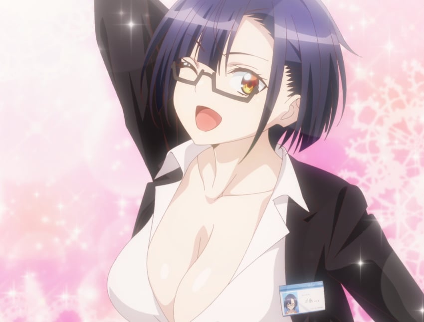 1girls arm_behind_head big_breasts breasts busty cleavage confident female female_only formal_clothes glasses highres large_breasts nias_carlin office_lady one_eye_closed open_mouth orange_eyes ore_wa_seikan_kokka_no_akutoku_ryoushu pose posing purple_hair sensual sexy sexy_pose short_hair solo stitched tongue voluptuous wink